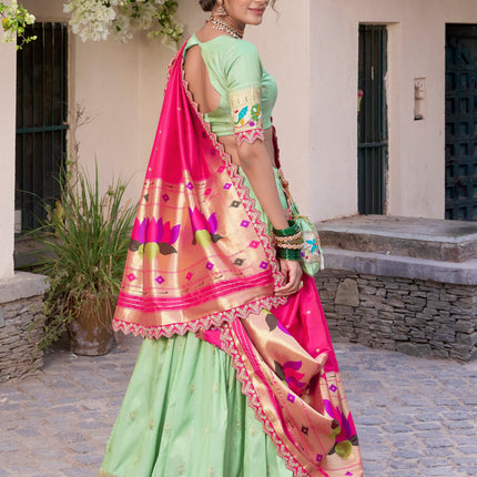Lorenvalley Pista Jacquard Silk Paithani Zari Weaving Work With Sequins and Thread Embroidery Scallop Lace Border Lehenga Choli with Dupatta
