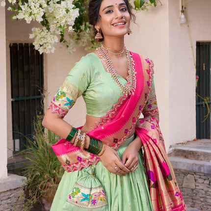 Lorenvalley Pista Jacquard Silk Paithani Zari Weaving Work With Sequins and Thread Embroidery Scallop Lace Border Lehenga Choli with Dupatta