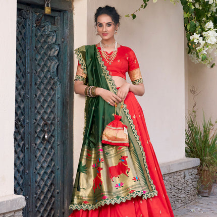 Lorenvalley Red Jacquard Silk Paithani Zari Weaving Work With Sequins and Thread Embroidery Scallop Lace Border Lehenga Choli with Dupatta