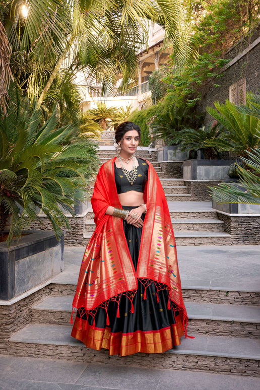 Lorenvalley Black Jacquard Silk Paithani Zari Weaving Work Lehenga Choli with Dupatta