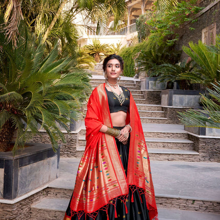 Lorenvalley Black Jacquard Silk Paithani Zari Weaving Work Lehenga Choli with Dupatta