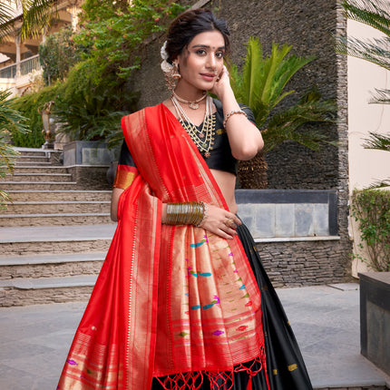 Lorenvalley Black Jacquard Silk Paithani Zari Weaving Work Lehenga Choli with Dupatta