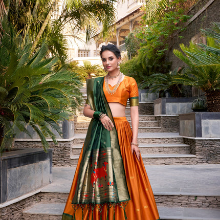Lorenvalley Orange Jacquard Silk Paithani Zari Weaving Work Lehenga Choli with Dupatta