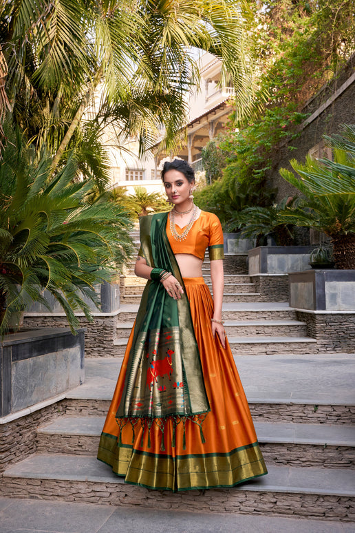 Lorenvalley Orange Jacquard Silk Paithani Zari Weaving Work Lehenga Choli with Dupatta
