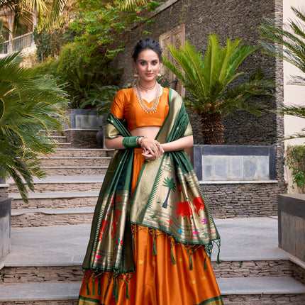 Lorenvalley Orange Jacquard Silk Paithani Zari Weaving Work Lehenga Choli with Dupatta