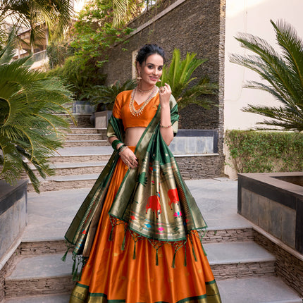Lorenvalley Orange Jacquard Silk Paithani Zari Weaving Work Lehenga Choli with Dupatta