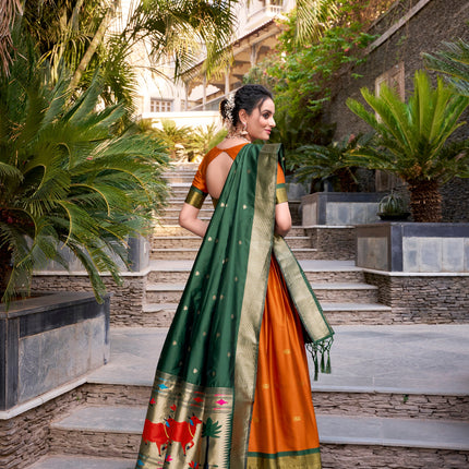 Lorenvalley Orange Jacquard Silk Paithani Zari Weaving Work Lehenga Choli with Dupatta