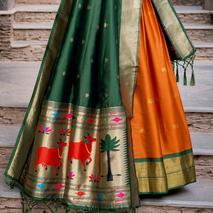 Lorenvalley Orange Jacquard Silk Paithani Zari Weaving Work Lehenga Choli with Dupatta