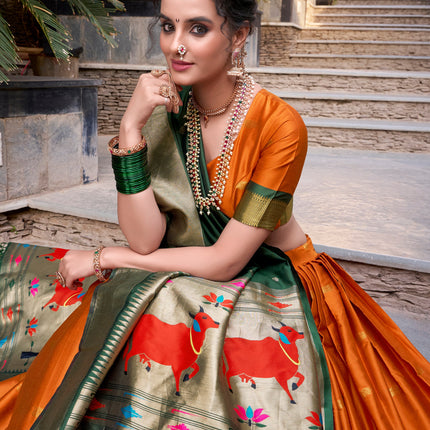 Lorenvalley Orange Jacquard Silk Paithani Zari Weaving Work Lehenga Choli with Dupatta