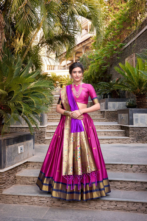 Lorenvalley Pink Jacquard Silk Paithani Zari Weaving Work Lehenga Choli with Dupatta