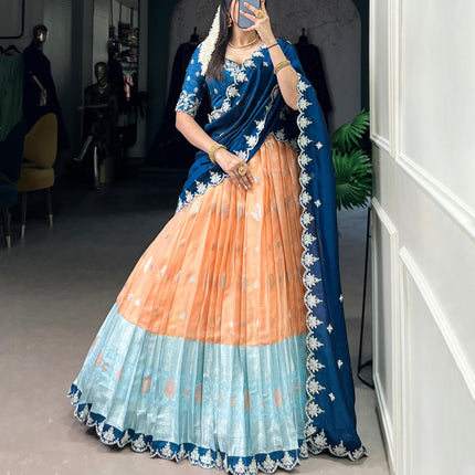 Lorenvalley Orange Zari Kota Zari Weaving Work With Sequins and Thread Embroidery Scallop Lace Border Lehenga Choli with Dupatta