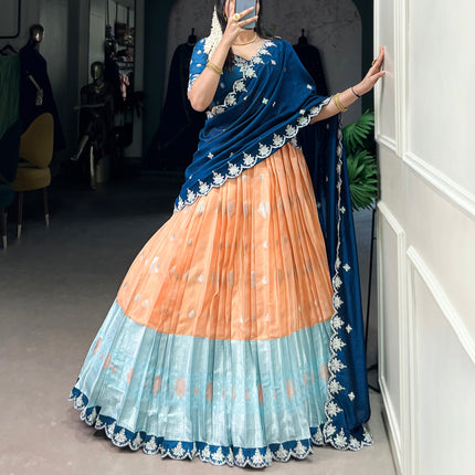 Lorenvalley Orange Zari Kota Zari Weaving Work With Sequins and Thread Embroidery Scallop Lace Border Lehenga Choli with Dupatta