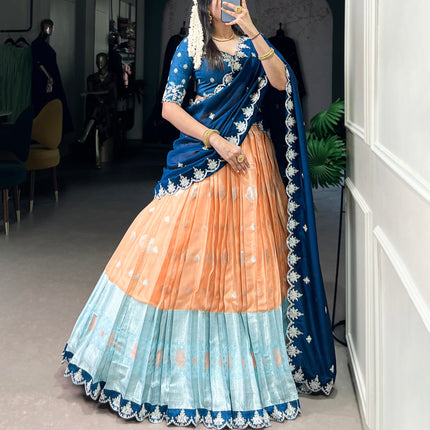 Lorenvalley Orange Zari Kota Zari Weaving Work With Sequins and Thread Embroidery Scallop Lace Border Lehenga Choli with Dupatta