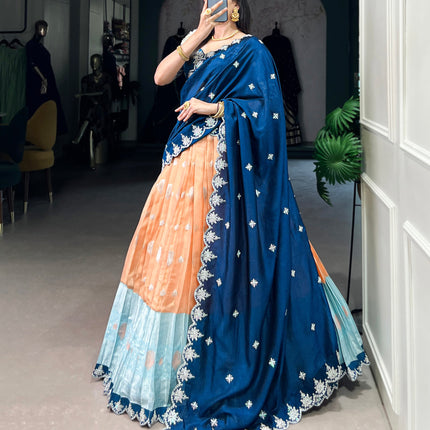 Lorenvalley Orange Zari Kota Zari Weaving Work With Sequins and Thread Embroidery Scallop Lace Border Lehenga Choli with Dupatta