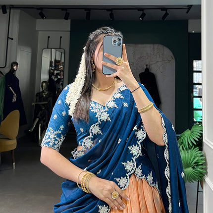 Lorenvalley Orange Zari Kota Zari Weaving Work With Sequins and Thread Embroidery Scallop Lace Border Lehenga Choli with Dupatta