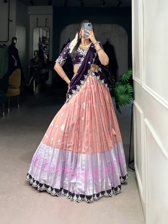 Lorenvalley Peach Zari Kota Zari Weaving Work With Sequins and Thread Embroidery Scallop Lace Border Lehenga Choli with Dupatta