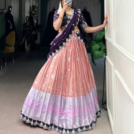 Lorenvalley Peach Zari Kota Zari Weaving Work With Sequins and Thread Embroidery Scallop Lace Border Lehenga Choli with Dupatta