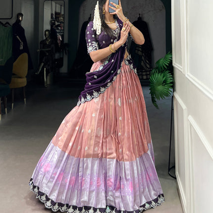 Lorenvalley Peach Zari Kota Zari Weaving Work With Sequins and Thread Embroidery Scallop Lace Border Lehenga Choli with Dupatta