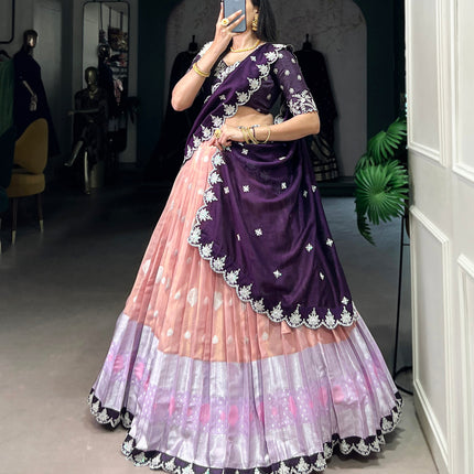 Lorenvalley Peach Zari Kota Zari Weaving Work With Sequins and Thread Embroidery Scallop Lace Border Lehenga Choli with Dupatta