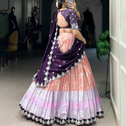 Lorenvalley Peach Zari Kota Zari Weaving Work With Sequins and Thread Embroidery Scallop Lace Border Lehenga Choli with Dupatta