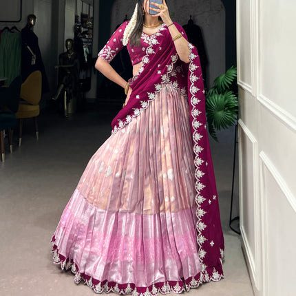 Lorenvalley Pink Zari Kota Zari Weaving Work With Sequins and Thread Embroidery Scallop Lace Border Lehenga Choli with Dupatta