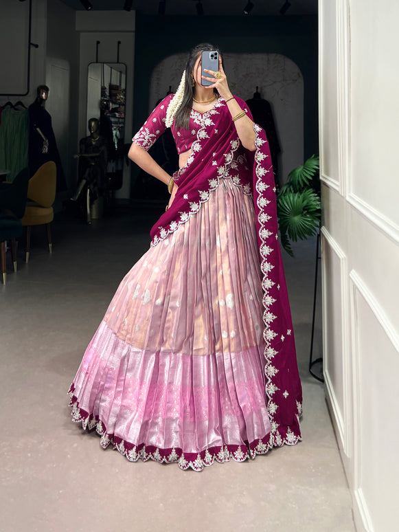 Lorenvalley Pink Zari Kota Zari Weaving Work With Sequins and Thread Embroidery Scallop Lace Border Lehenga Choli with Dupatta