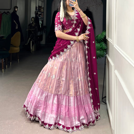 Lorenvalley Pink Zari Kota Zari Weaving Work With Sequins and Thread Embroidery Scallop Lace Border Lehenga Choli with Dupatta