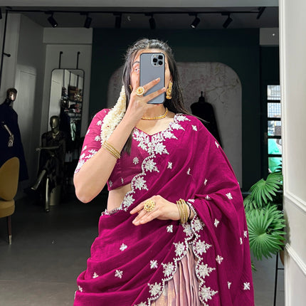 Lorenvalley Pink Zari Kota Zari Weaving Work With Sequins and Thread Embroidery Scallop Lace Border Lehenga Choli with Dupatta