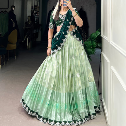 Lorenvalley Pista Zari Kota Zari Weaving Work With Sequins and Thread Embroidery Scallop Lace Border Lehenga Choli with Dupatta