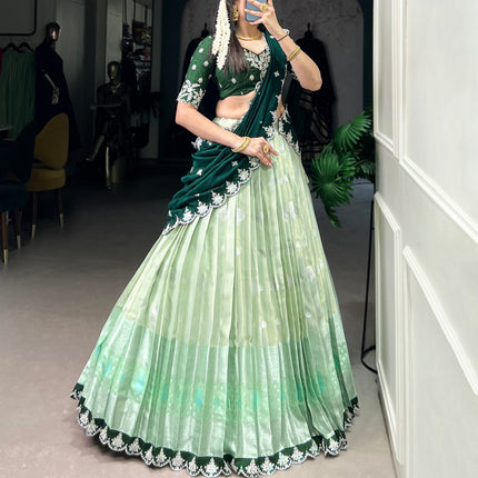 Lorenvalley Pista Zari Kota Zari Weaving Work With Sequins and Thread Embroidery Scallop Lace Border Lehenga Choli with Dupatta