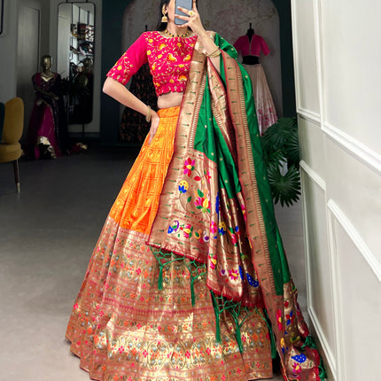 Lorenvalley Orange Jacquard Silk Paithani Zari Weaving Work Lehenga Choli with Dupatta