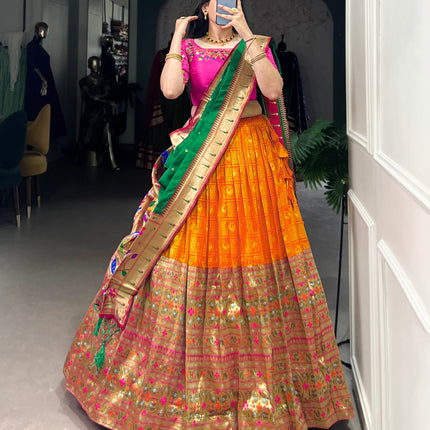 Lorenvalley Orange Jacquard Silk Paithani Zari Weaving Work Lehenga Choli with Dupatta