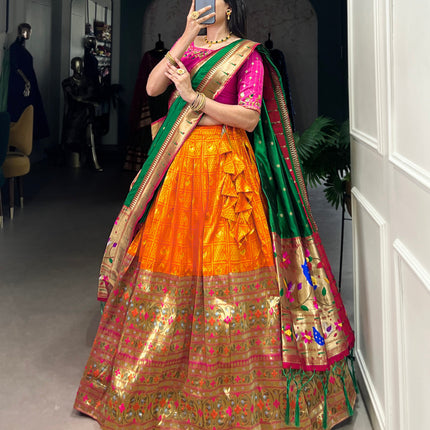 Lorenvalley Orange Jacquard Silk Paithani Zari Weaving Work Lehenga Choli with Dupatta