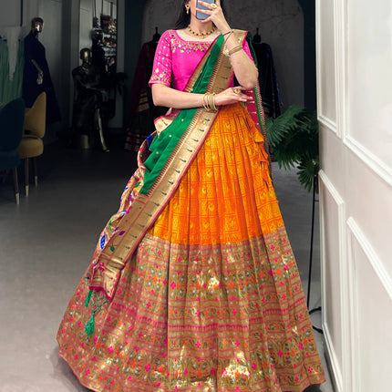 Lorenvalley Orange Jacquard Silk Paithani Zari Weaving Work Lehenga Choli with Dupatta