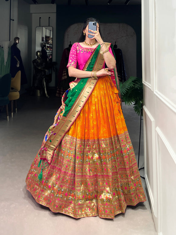 Lorenvalley Orange Jacquard Silk Paithani Zari Weaving Work Lehenga Choli with Dupatta