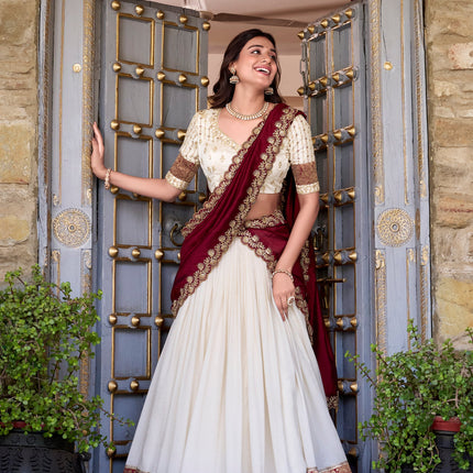 Lorenvalley Off White Vichitra Silk Zari Weaving Work Lace Border Belt with Sequins Lace Touch Up Lehenga Choli with Dupatta