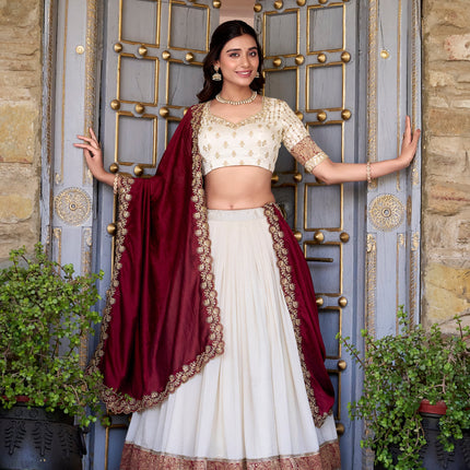 Lorenvalley Off White Vichitra Silk Zari Weaving Work Lace Border Belt with Sequins Lace Touch Up Lehenga Choli with Dupatta