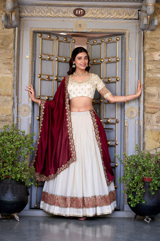 Lorenvalley Off White Vichitra Silk Zari Weaving Work Lace Border Belt with Sequins Lace Touch Up Lehenga Choli with Dupatta