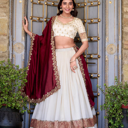 Lorenvalley Off White Vichitra Silk Zari Weaving Work Lace Border Belt with Sequins Lace Touch Up Lehenga Choli with Dupatta