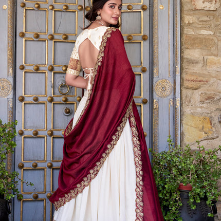 Lorenvalley Off White Vichitra Silk Zari Weaving Work Lace Border Belt with Sequins Lace Touch Up Lehenga Choli with Dupatta