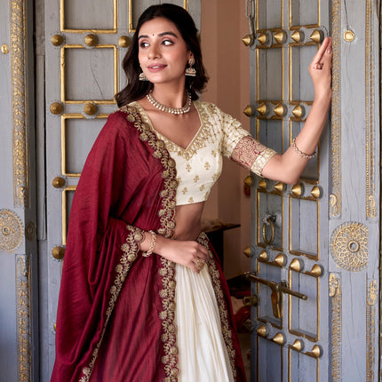 Lorenvalley Off White Vichitra Silk Zari Weaving Work Lace Border Belt with Sequins Lace Touch Up Lehenga Choli with Dupatta