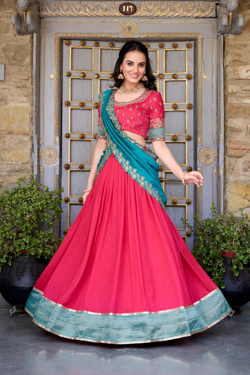 Lorenvalley Pink Vichitra Silk Zari Weaving Work Lace Border Belt with Sequins Lace Touch Up Lehenga Choli with Dupatta