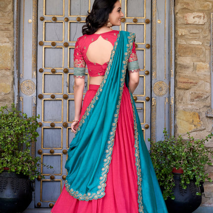 Lorenvalley Pink Vichitra Silk Zari Weaving Work Lace Border Belt with Sequins Lace Touch Up Lehenga Choli with Dupatta