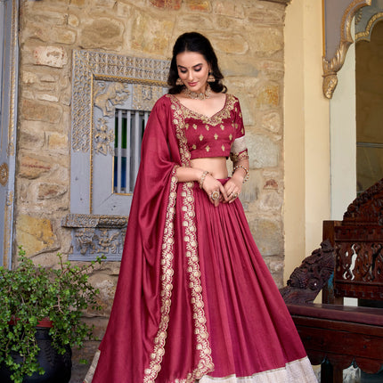 Lorenvalley Rust Vichitra Silk Zari Weaving Work Lace Border Belt with Sequins Lace Touch Up Lehenga Choli with Dupatta