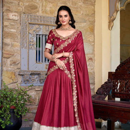 Lorenvalley Rust Vichitra Silk Zari Weaving Work Lace Border Belt with Sequins Lace Touch Up Lehenga Choli with Dupatta