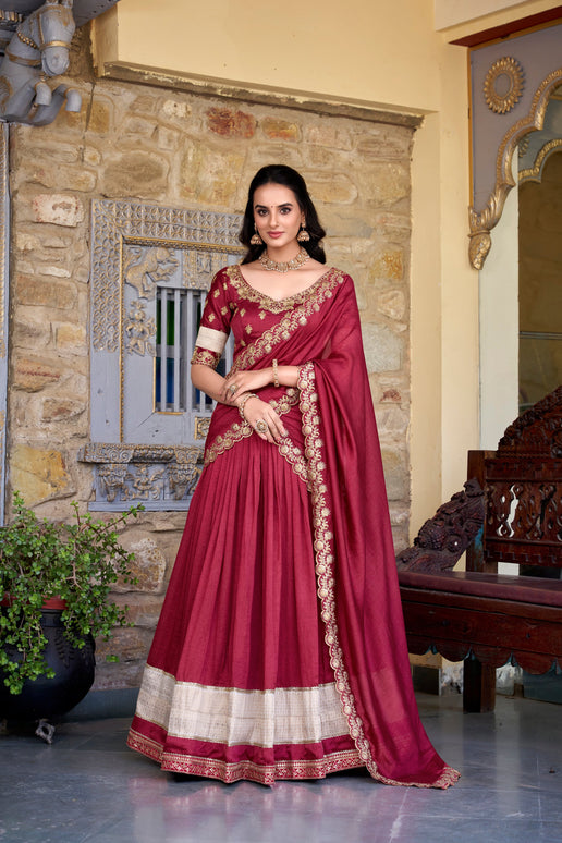 Lorenvalley Rust Vichitra Silk Zari Weaving Work Lace Border Belt with Sequins Lace Touch Up Lehenga Choli with Dupatta