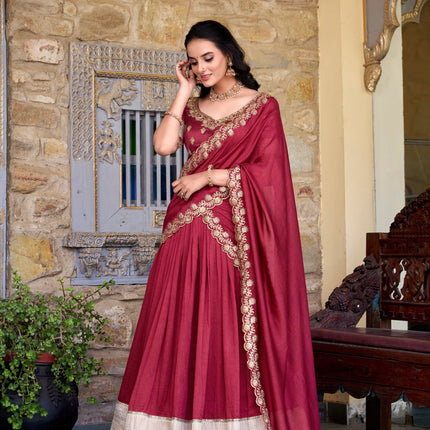 Lorenvalley Rust Vichitra Silk Zari Weaving Work Lace Border Belt with Sequins Lace Touch Up Lehenga Choli with Dupatta