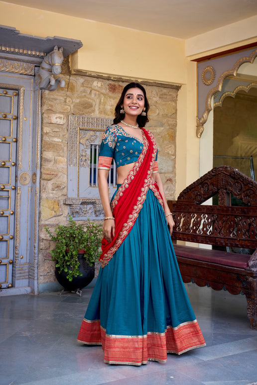 Lorenvalley Teal Vichitra Silk Zari Weaving Work Lace Border Belt with Sequins Lace Touch Up Lehenga Choli with Dupatta