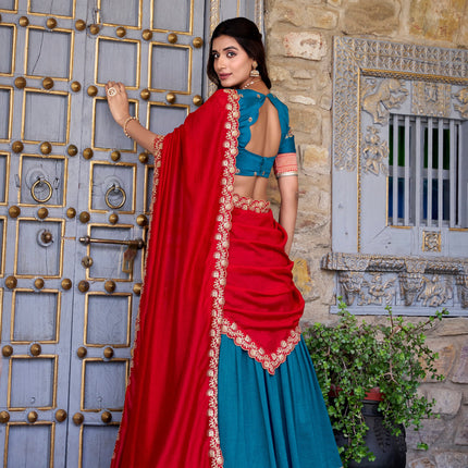 Lorenvalley Teal Vichitra Silk Zari Weaving Work Lace Border Belt with Sequins Lace Touch Up Lehenga Choli with Dupatta