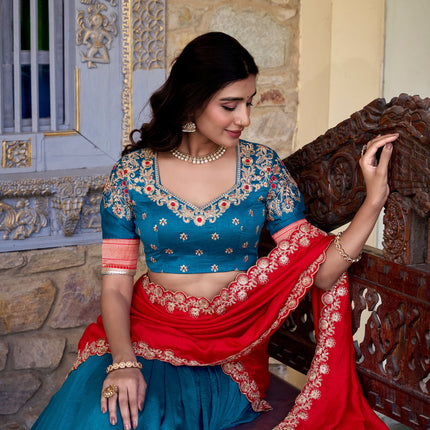 Lorenvalley Teal Vichitra Silk Zari Weaving Work Lace Border Belt with Sequins Lace Touch Up Lehenga Choli with Dupatta